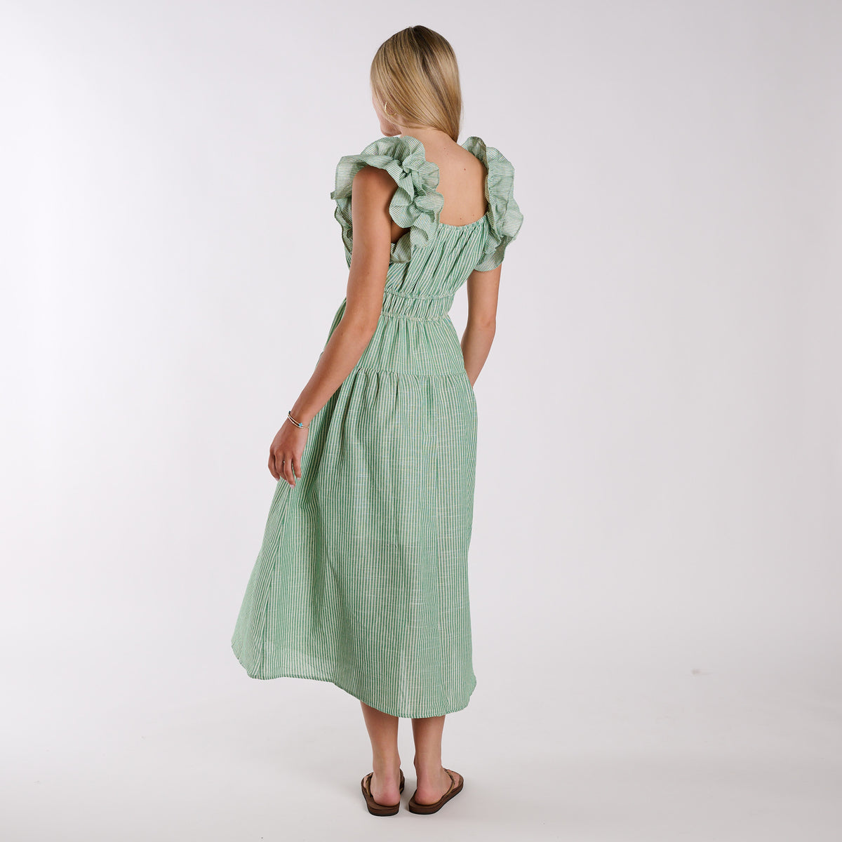 Green | Green stripe seersucker ruffle strap midi dress with square neckline and smocked waist, shown from back view.