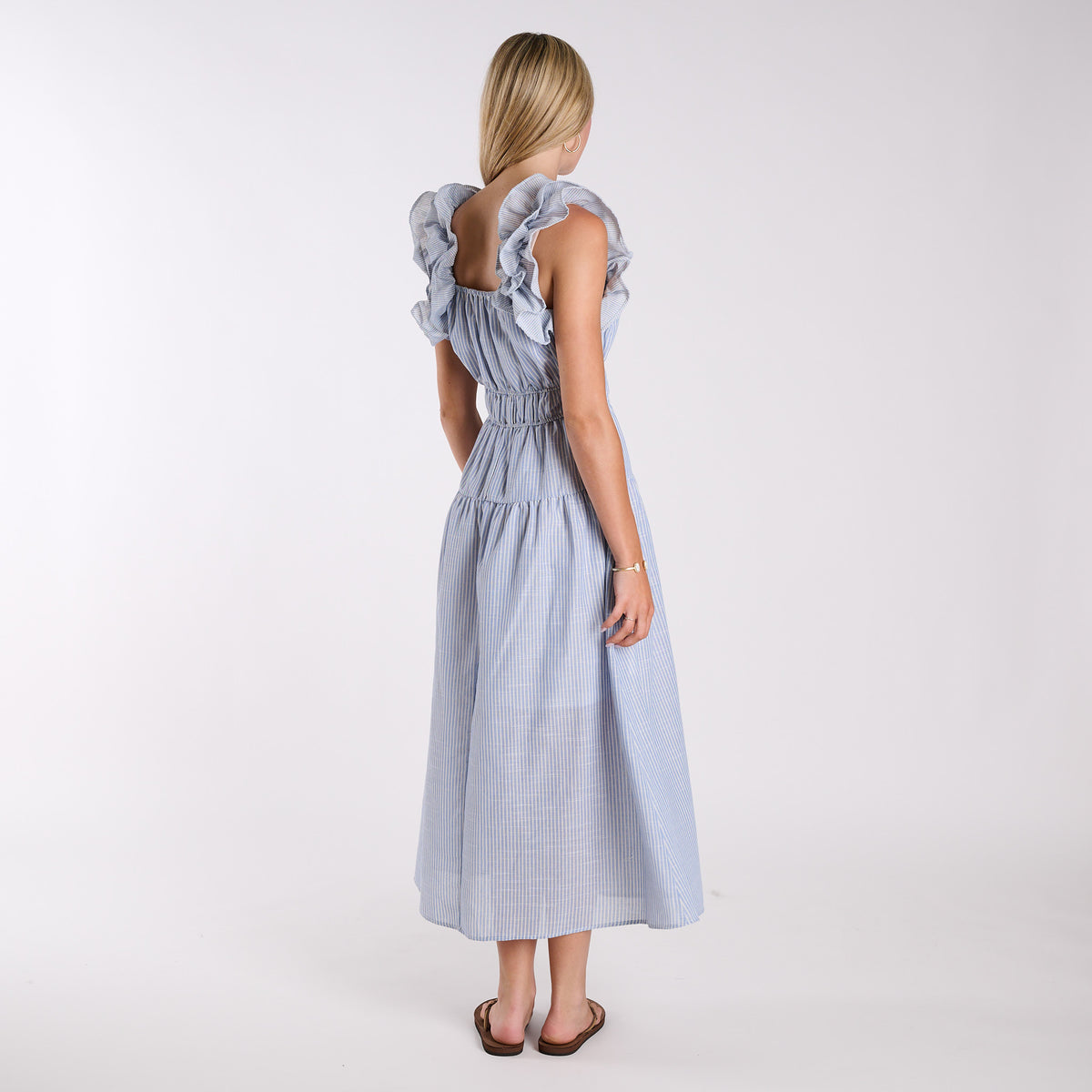 Sky| Blue stripe seersucker ruffle strap midi dress with square neckline and smocked waist, shown from back view.