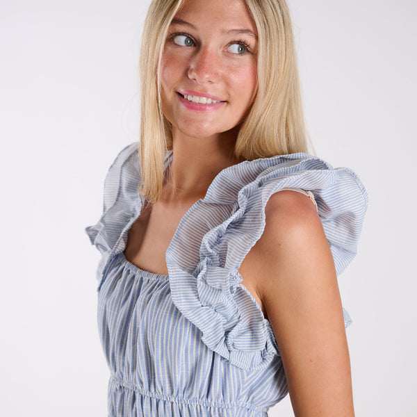  Blue stripe seersucker ruffle strap midi dress with square neckline and smocked waist, shown in close-up front view.