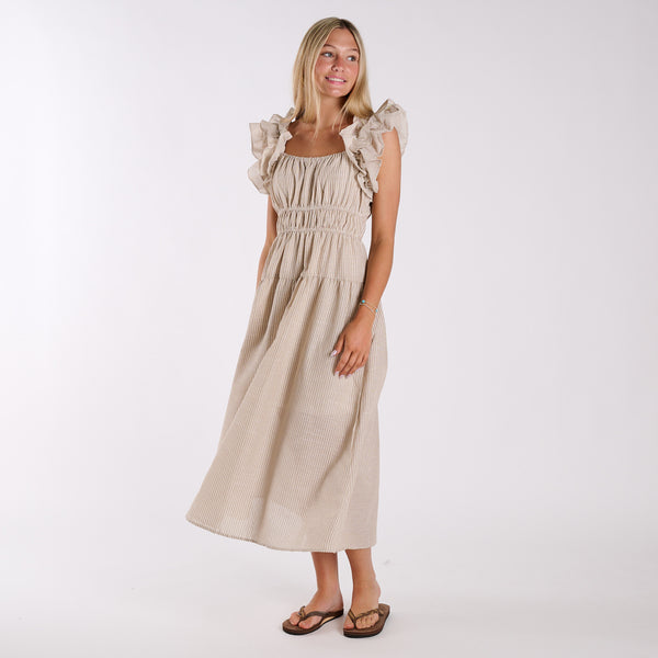  Taupe stripe seersucker ruffle strap midi dress with square neckline and flowy silhouette, shown in full front view.