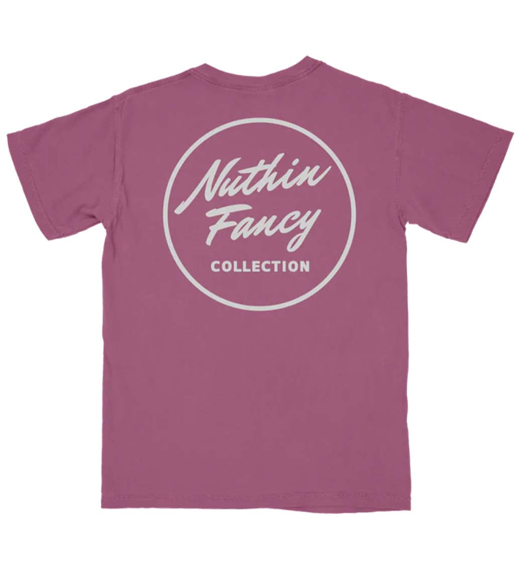 Washed purple short sleeve t-shirt with a large ivory nuthin fancy logo on back and a front chest logo 