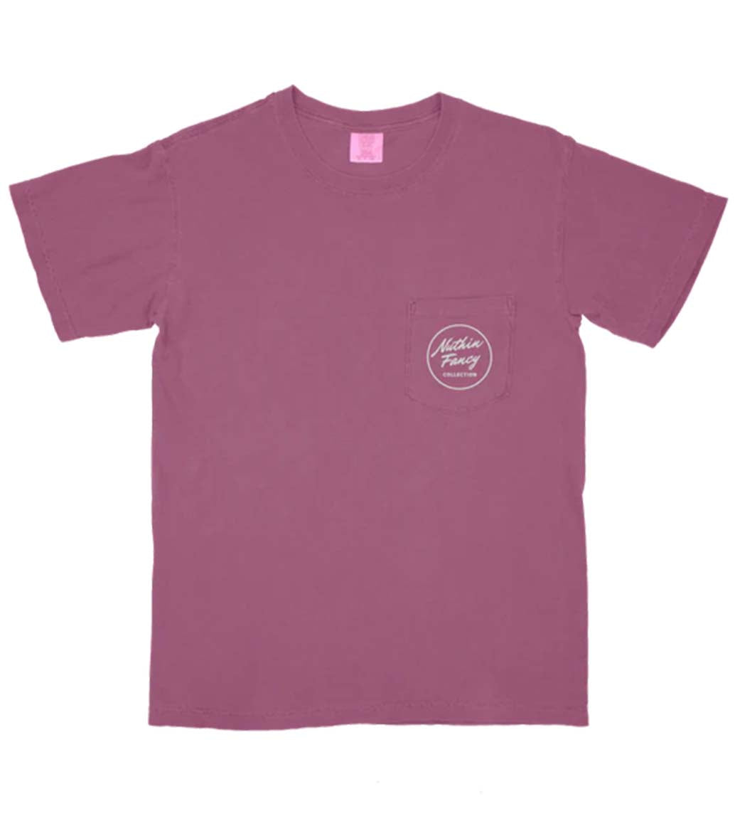 Washed purple short sleeve t-shirt with a large ivory nuthin fancy logo on back and a front left chest logo 