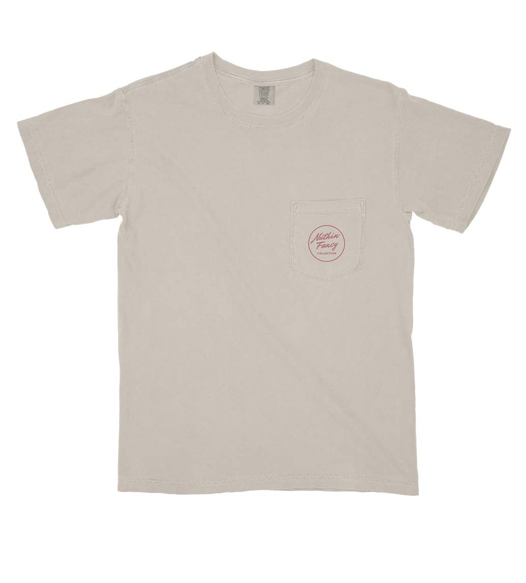 Nuthin Fancy Smoke Break Short Sleeve T-Shirt in Sandstone with large back graphic and small left chest pocket logo on front