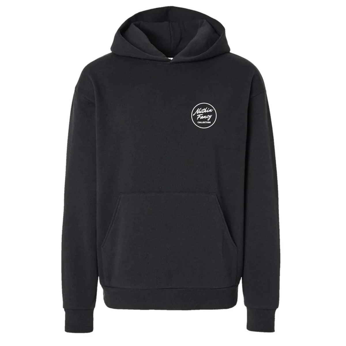 Black hoodie with a logo on the chest against a white background