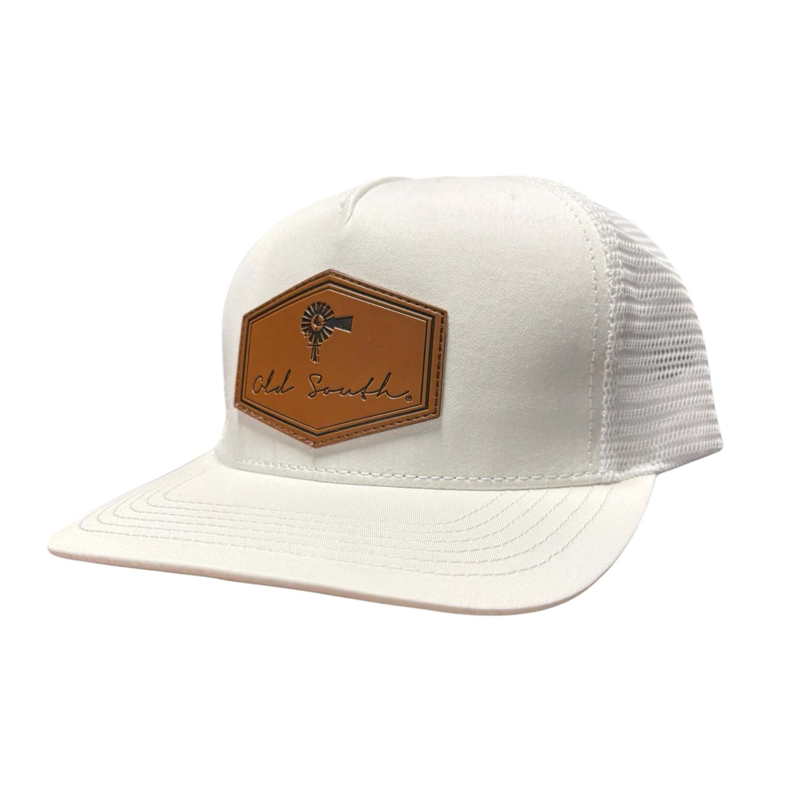 Old South white trucker hat with brown leather hexagon patch featuring windmill graphic and “Old South” script, shown at an angle on a white background.
