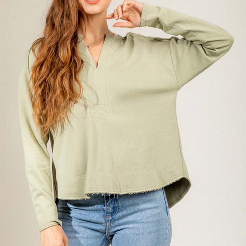 Long Sleeve V-Neck Terry Pullover Top
