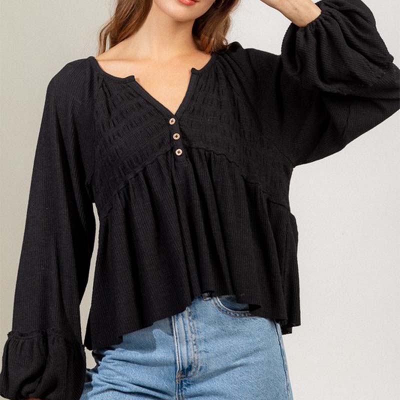 Long Sleeve Smocked Front Ribbed Top