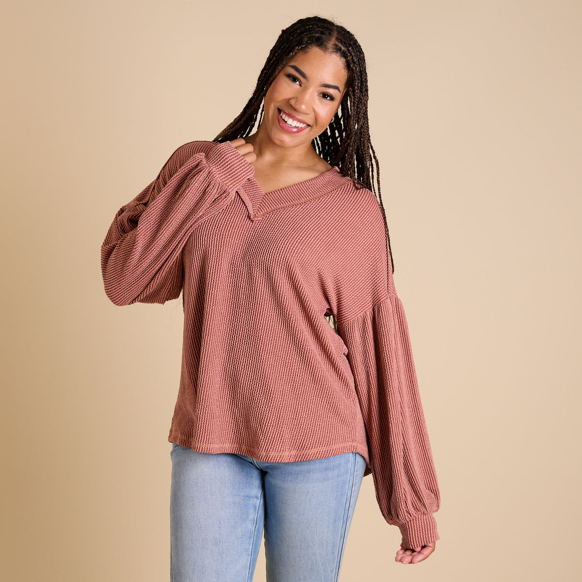 Very J Women's Bubble Sleeve Long Sleeve Top in Cedar