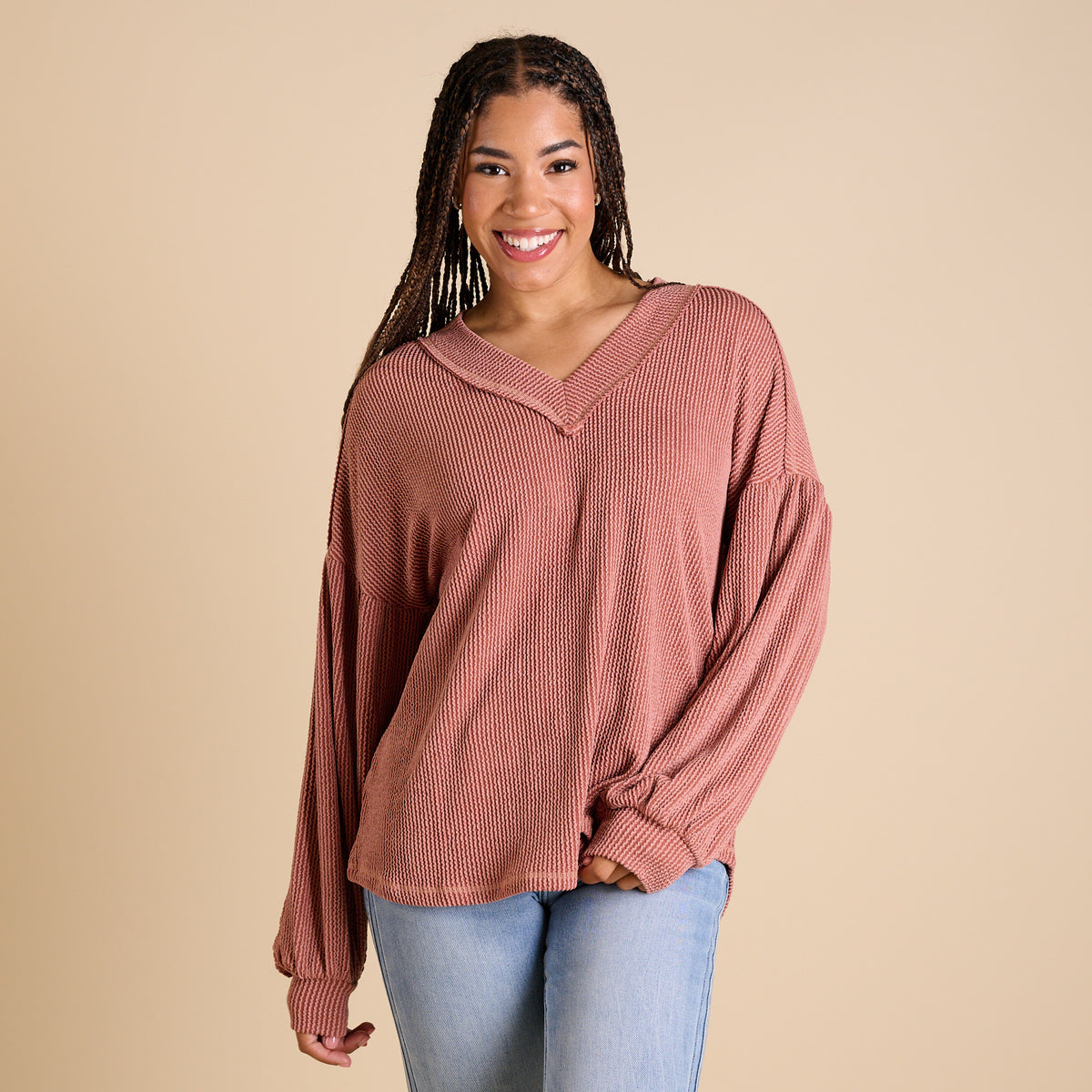 Very J Women's Bubble Sleeve Long Sleeve Top in Cedar