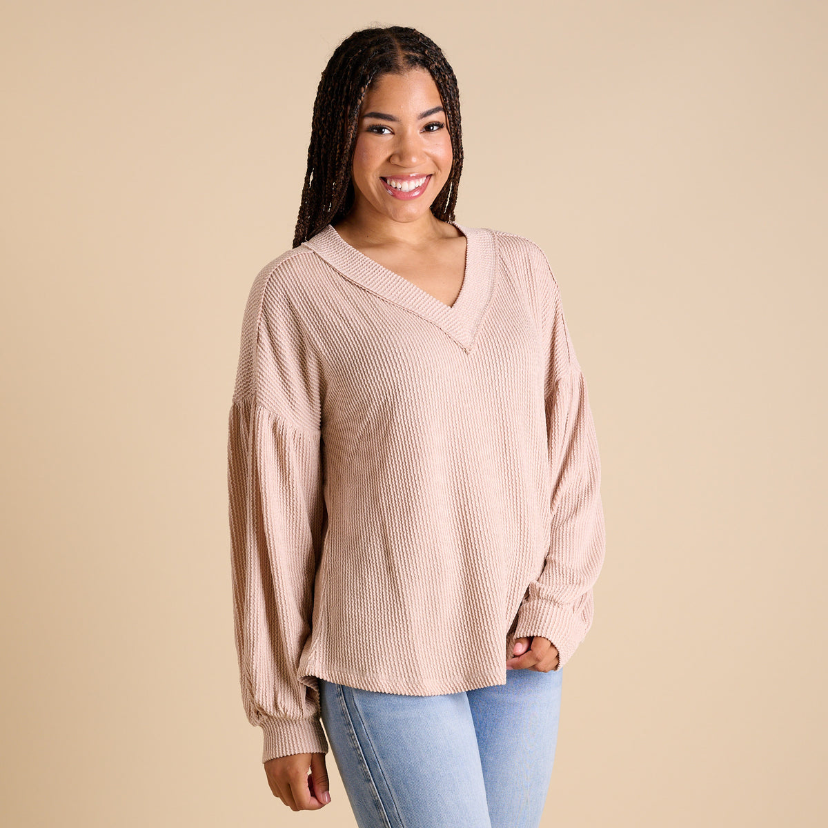 Very J Women's Bubble Sleeve Long Sleeve Top in Oat
