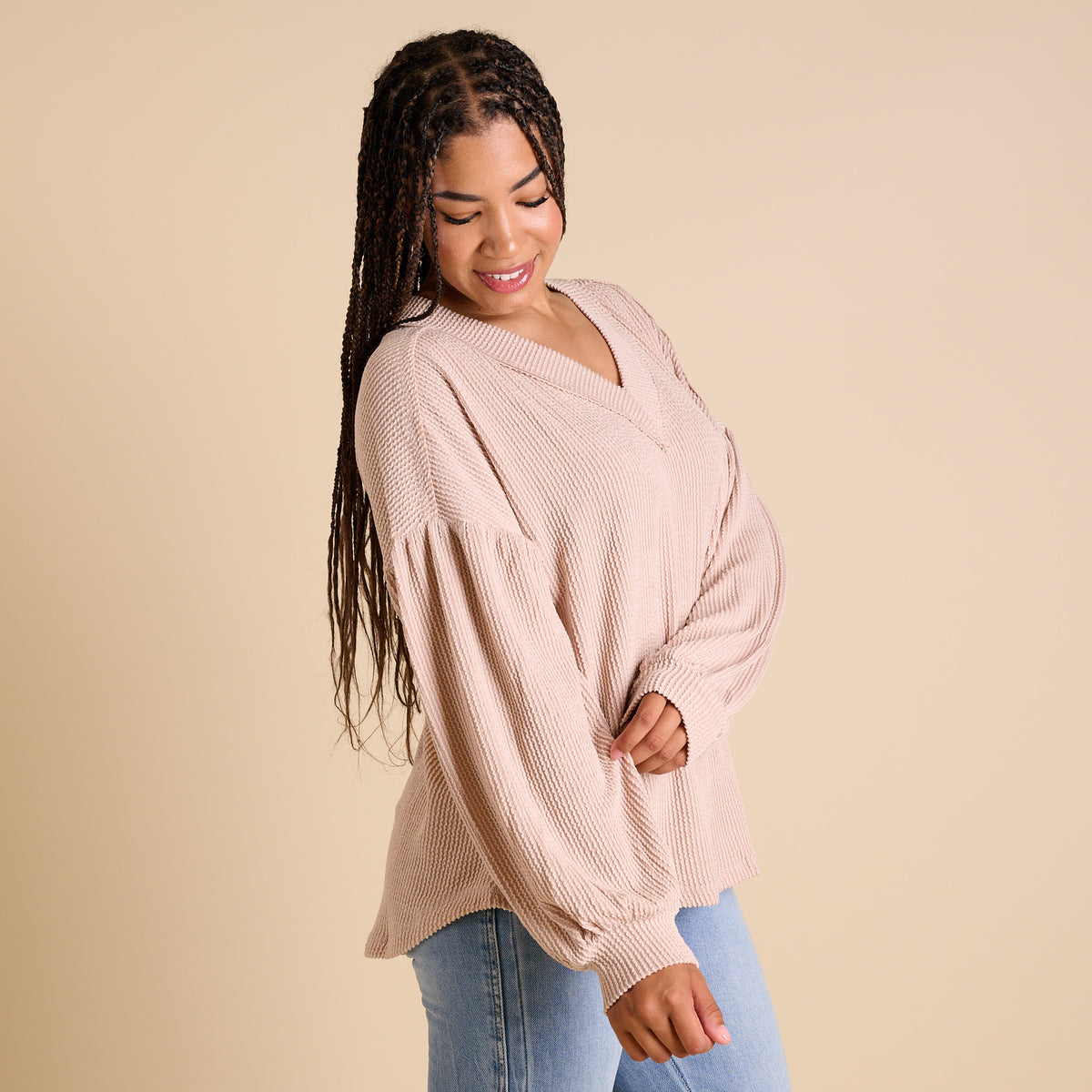 Very J Women's Bubble Sleeve Long Sleeve Top in Oat
