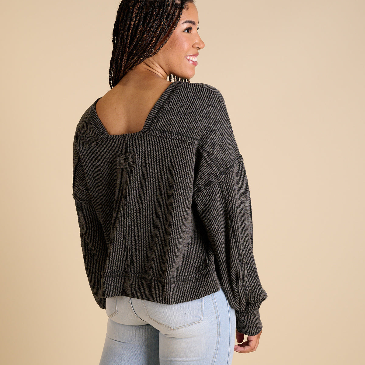 Very J Women's Square Back Long Sleeve Top in charcoal
