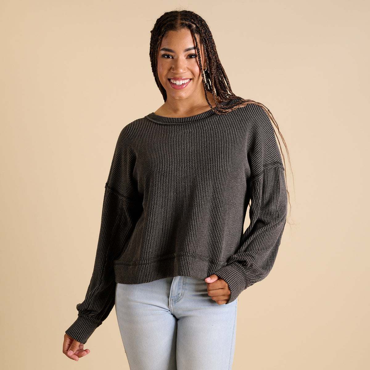 Very J Women's Square Back Long Sleeve Top in charcoal