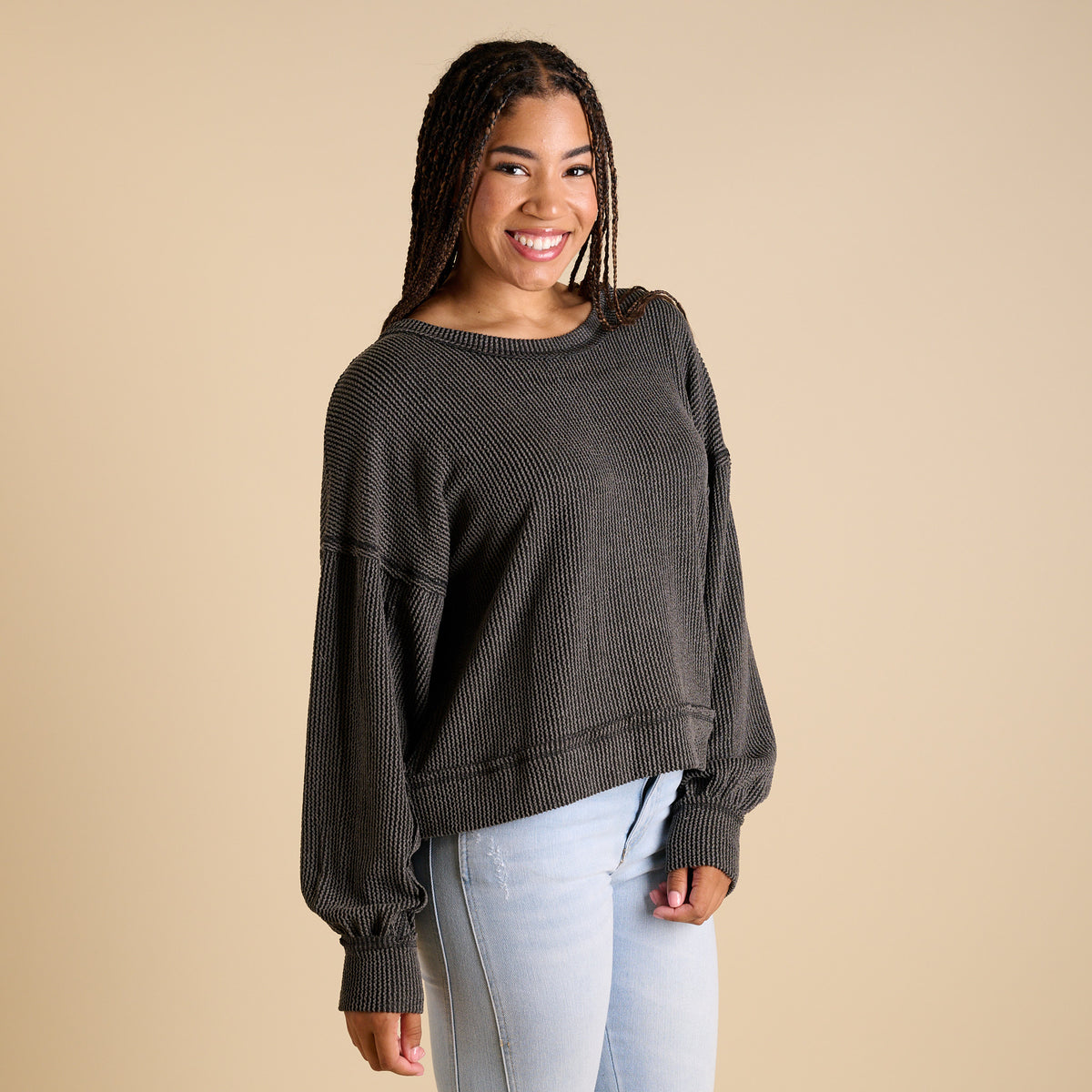 Very J Women's Square Back Long Sleeve Top in charcoal