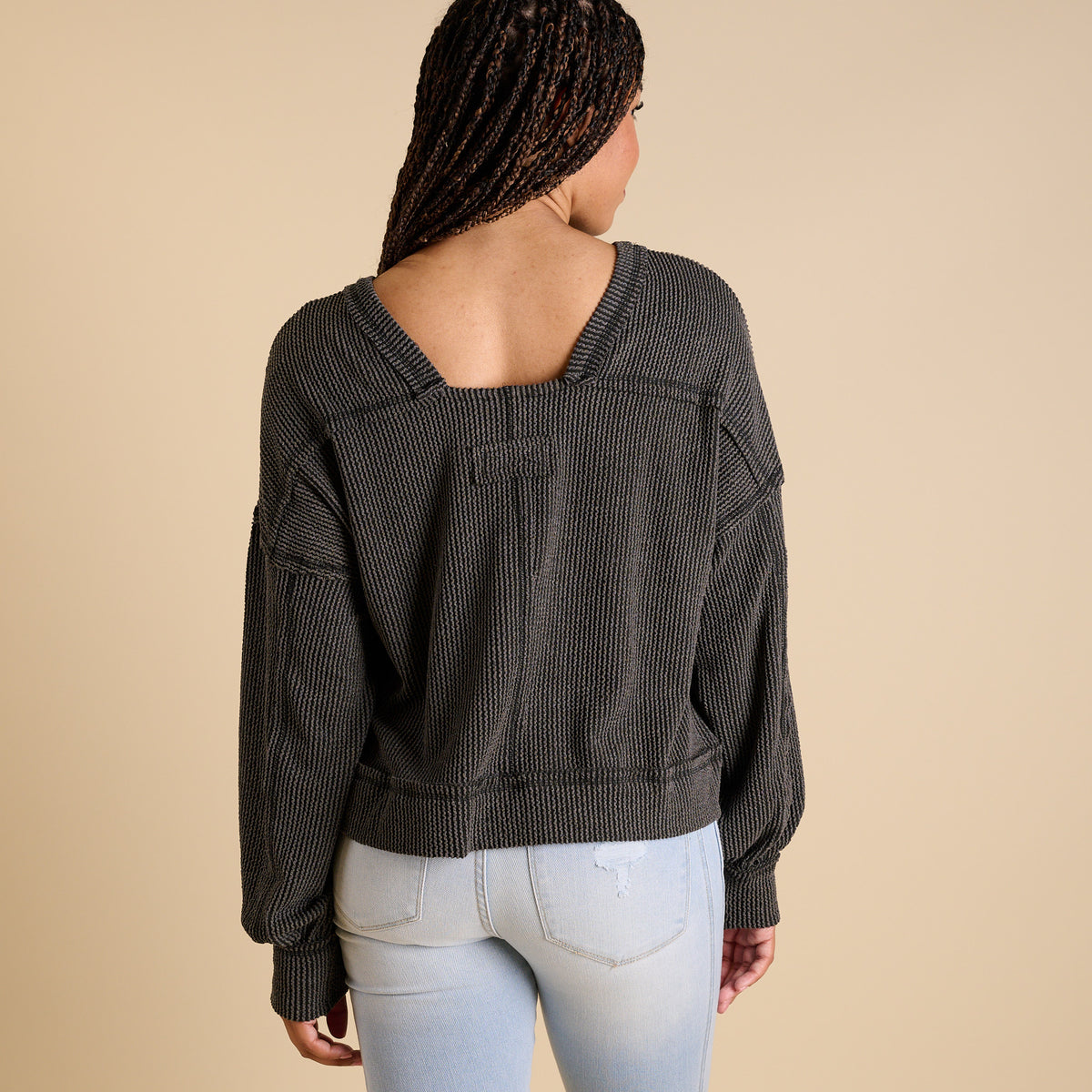 Very J Women's Square Back Long Sleeve Top in charcoal