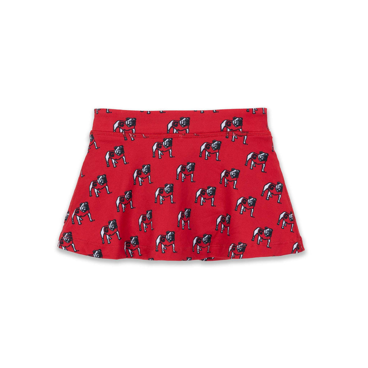 Red University of Georgia toddler skort with allover bulldog mascot print and built-in shorts.