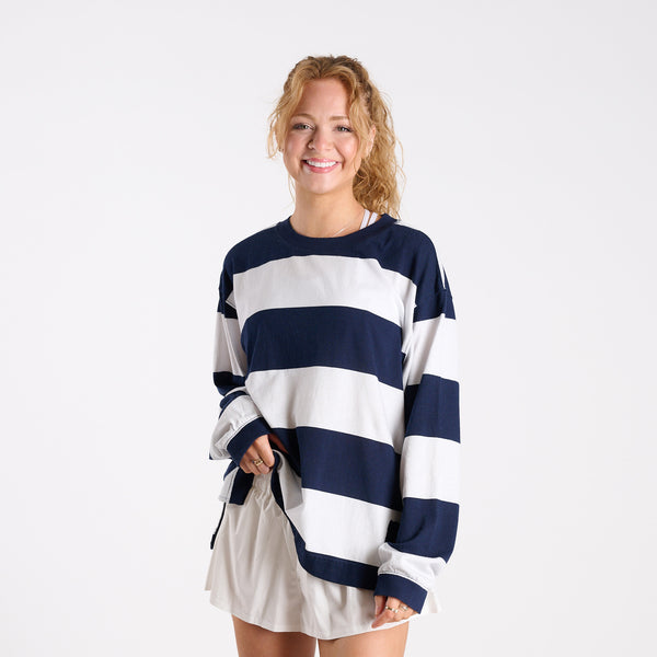 FP Movement Striped Long Sleeve Hustle Layer Tee in Navy and White