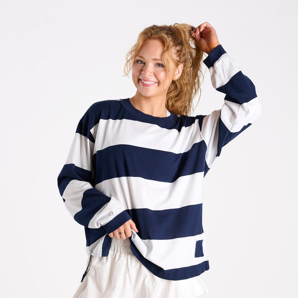 FP Movement Striped Long Sleeve Hustle Layer Tee in Navy and White