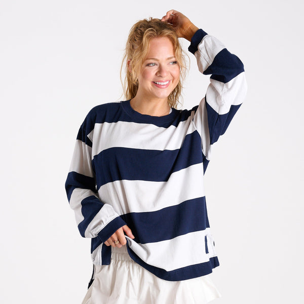 FP Movement Striped Long Sleeve Hustle Layer Tee in Navy and White