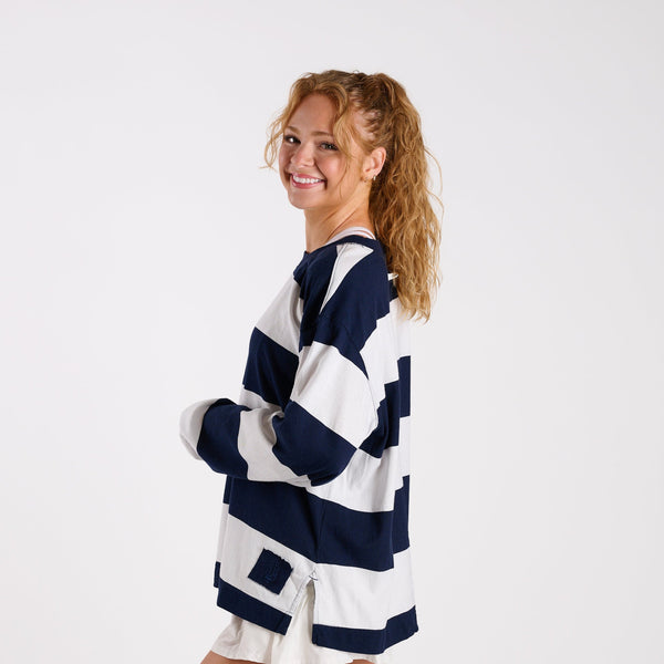 FP Movement Striped Long Sleeve Hustle Layer Tee in Navy and White