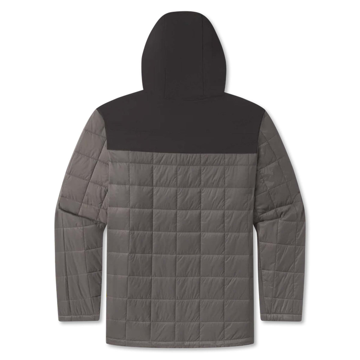 Back view of a gray quilted jacket with black hood on a white background