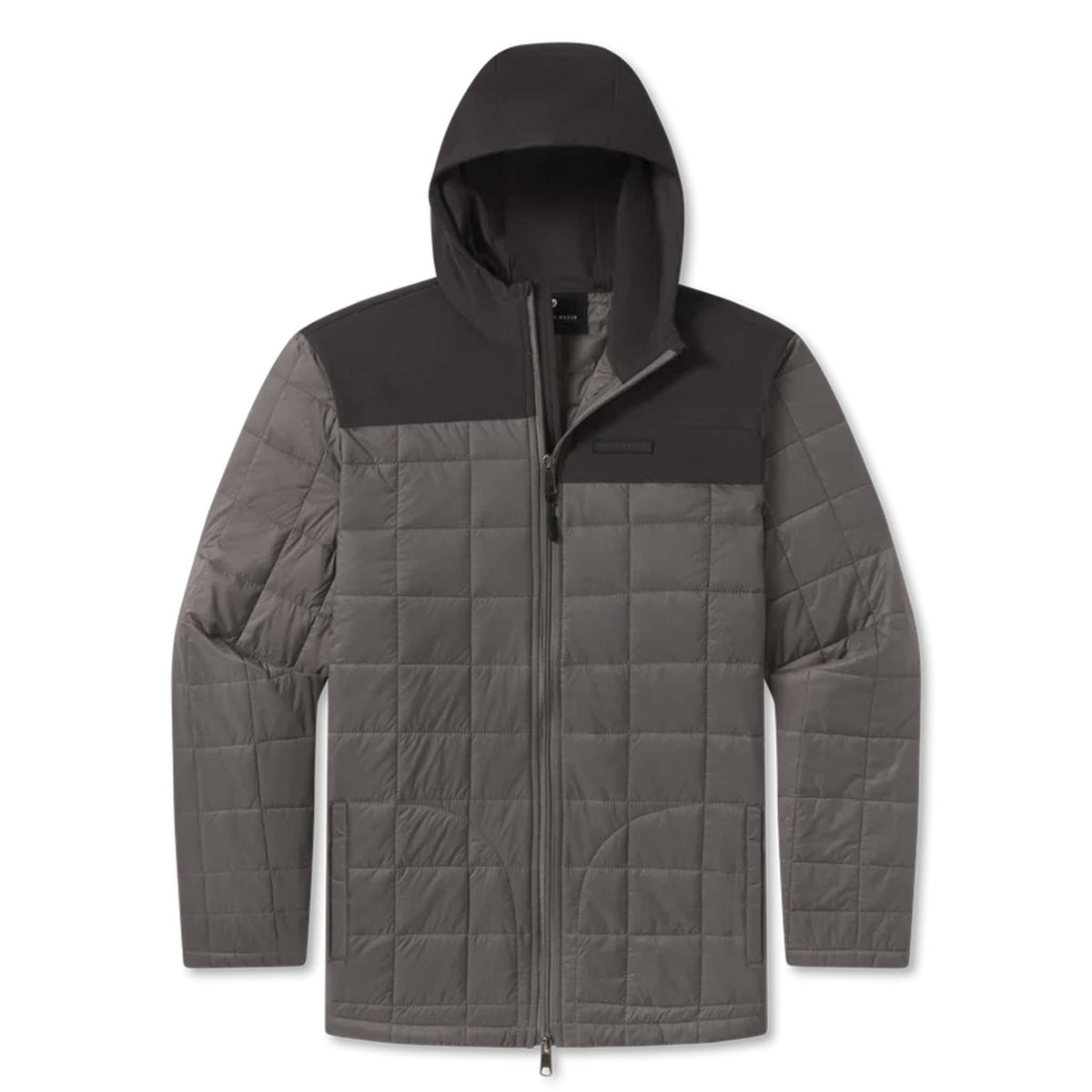 Gray quilted jacket with black hood on a white background