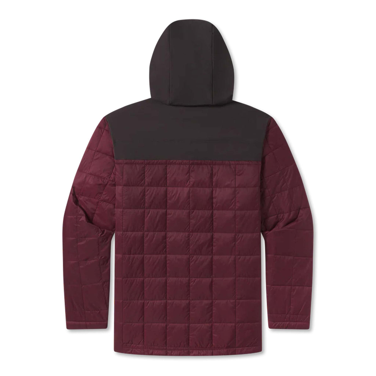 Maroon and black quilted jacket on a white background