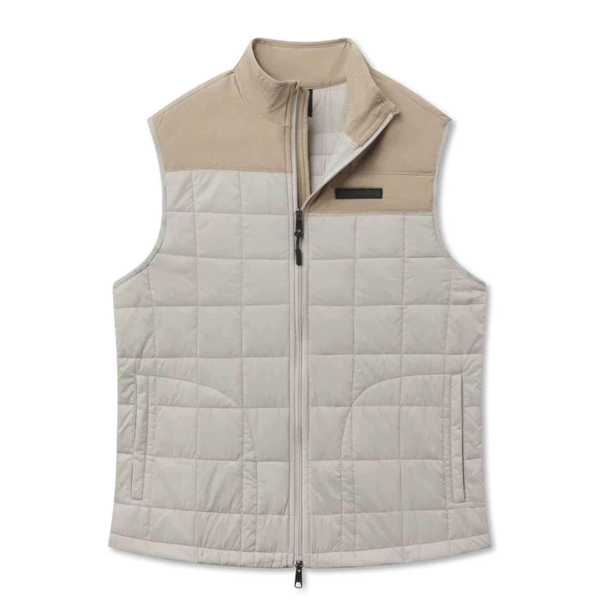 Two-tone quilted vest with beige collar and light gray body on a white background