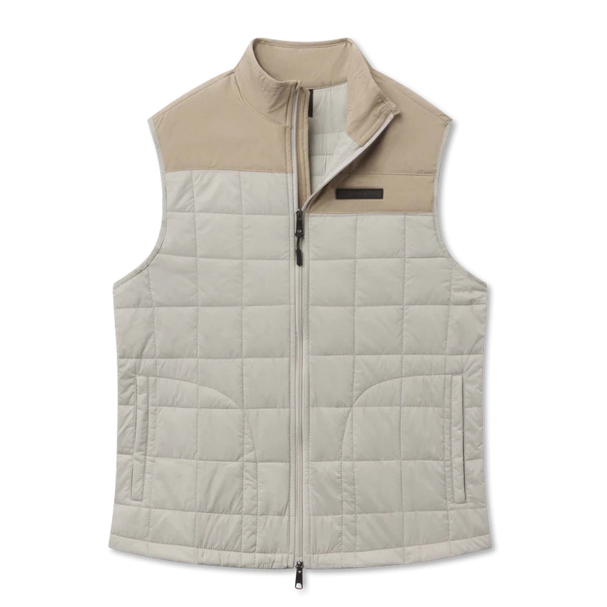 Two-tone quilted vest with beige collar and light gray body on a white background