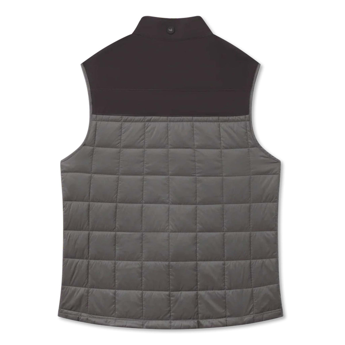 Gray quilted vest with black collar on a white background