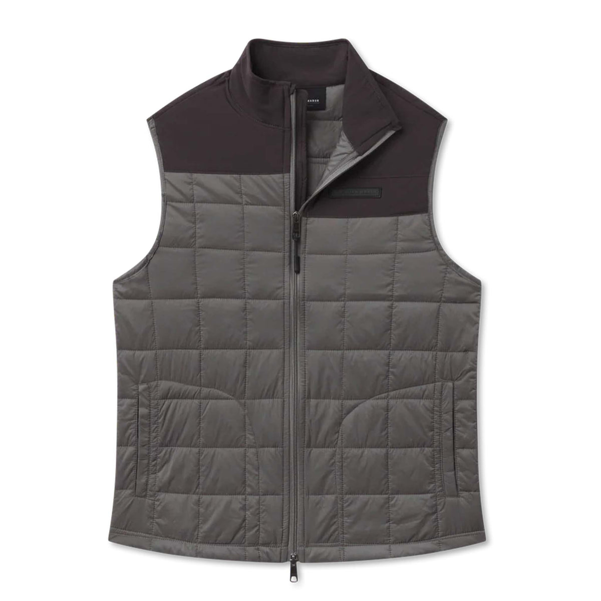 Gray puffer vest with black collar on a white background