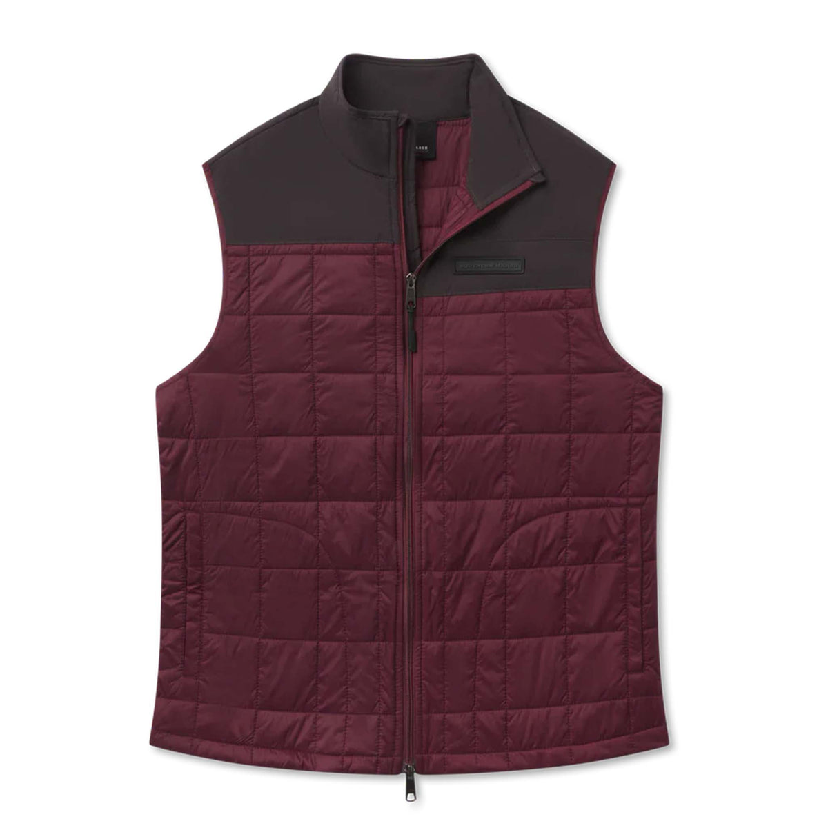 Maroon quilted vest with black collar on a white background