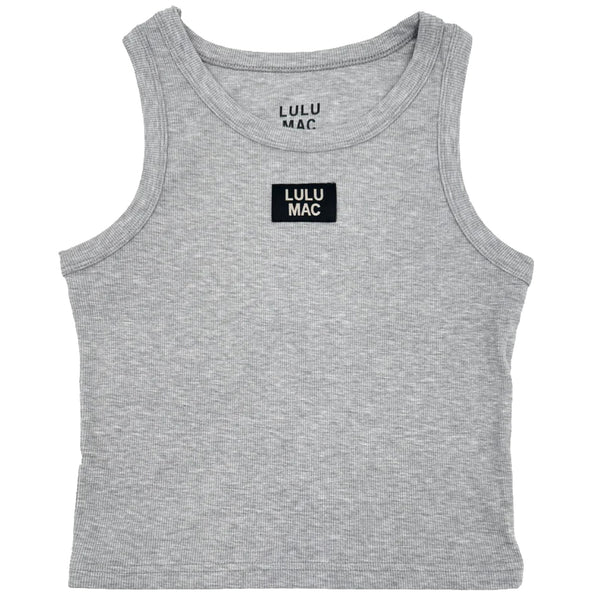 Gray tank top with LULU MAC logo on a white background