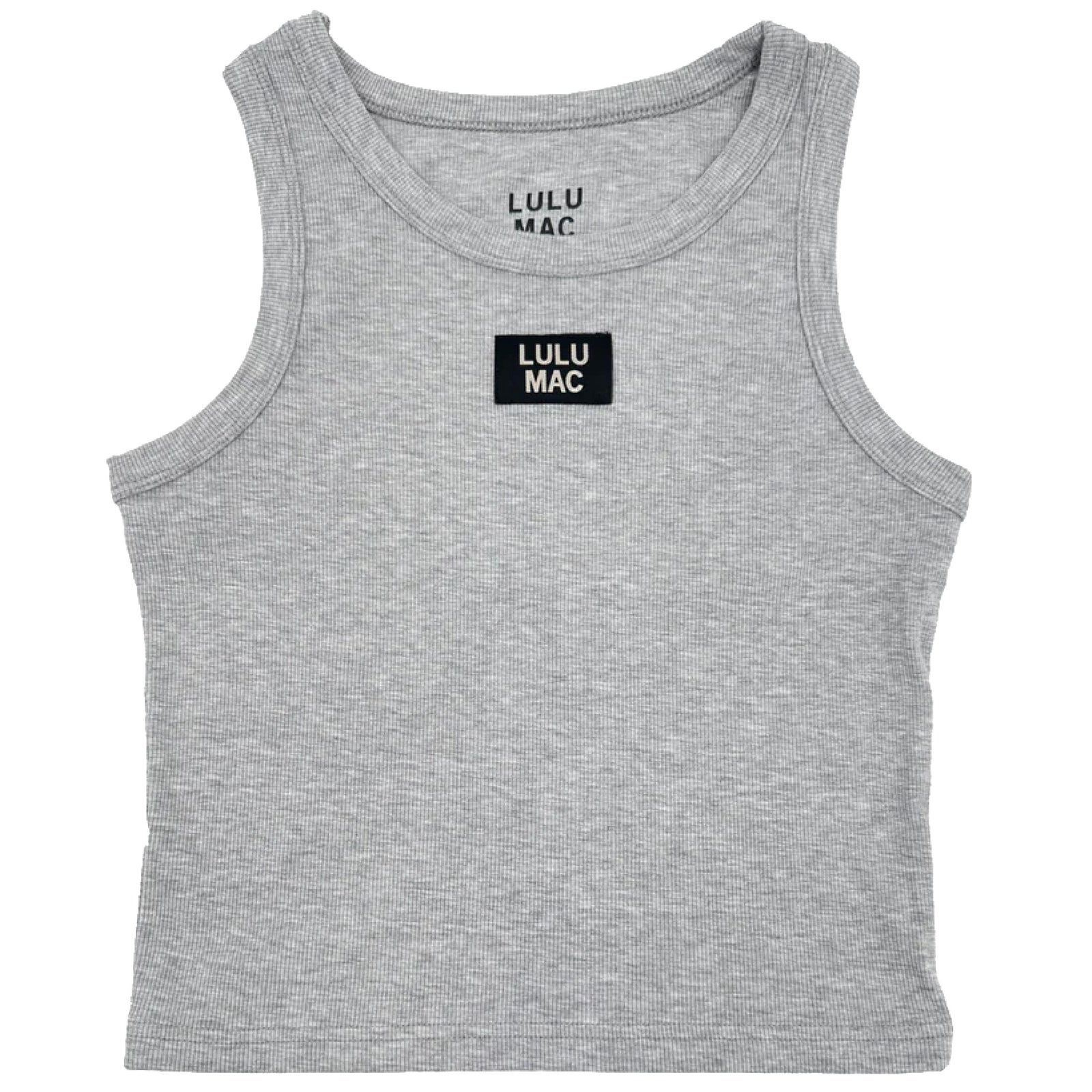 Gray tank top with LULU MAC logo on a white background