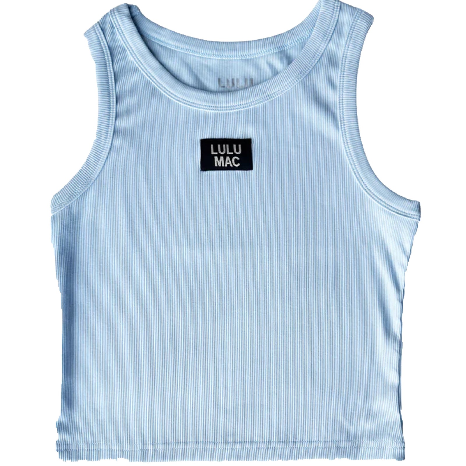 Light blue tank top with 'LULU MAC' logo on a white background
