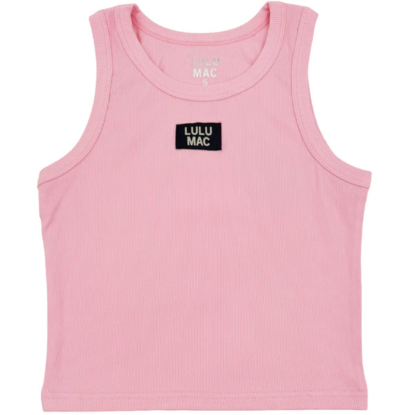 Pink tank top with Lulu Mac logo on a white background