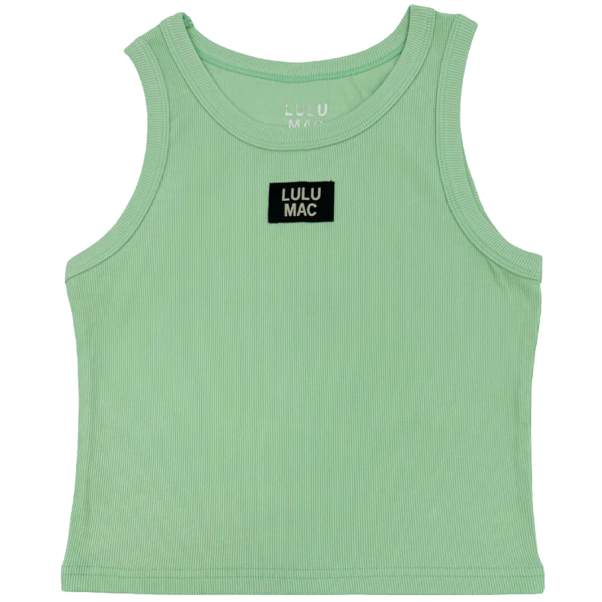 Green tank top with a black label on a white background