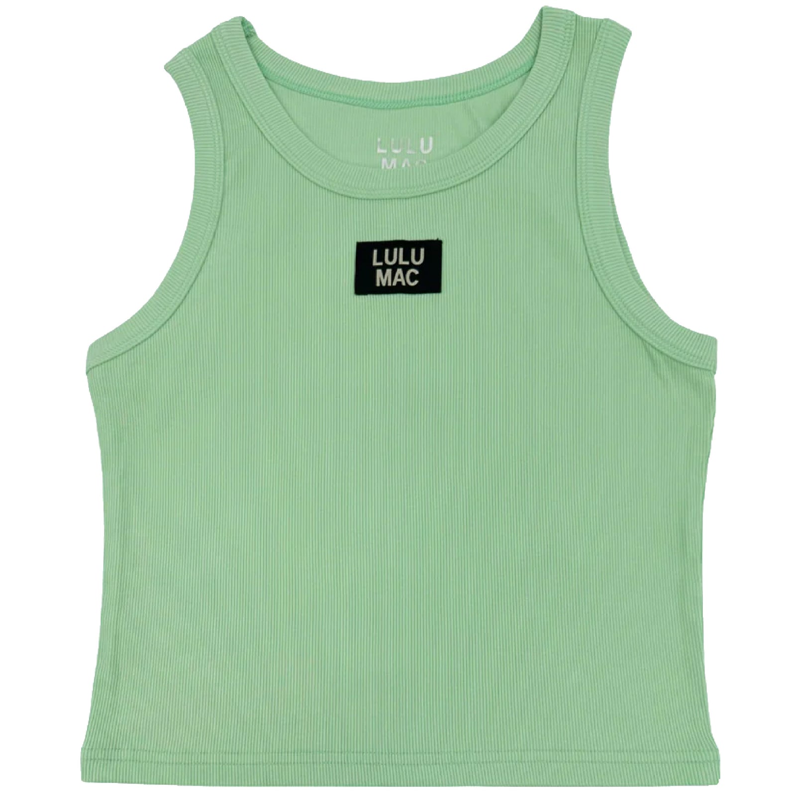 Green tank top with a black label on a white background