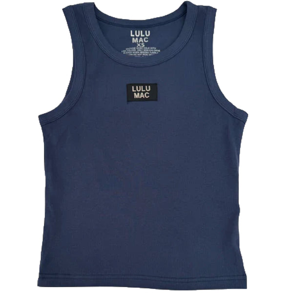 Navy tank top with LULU MAC logo on a white background