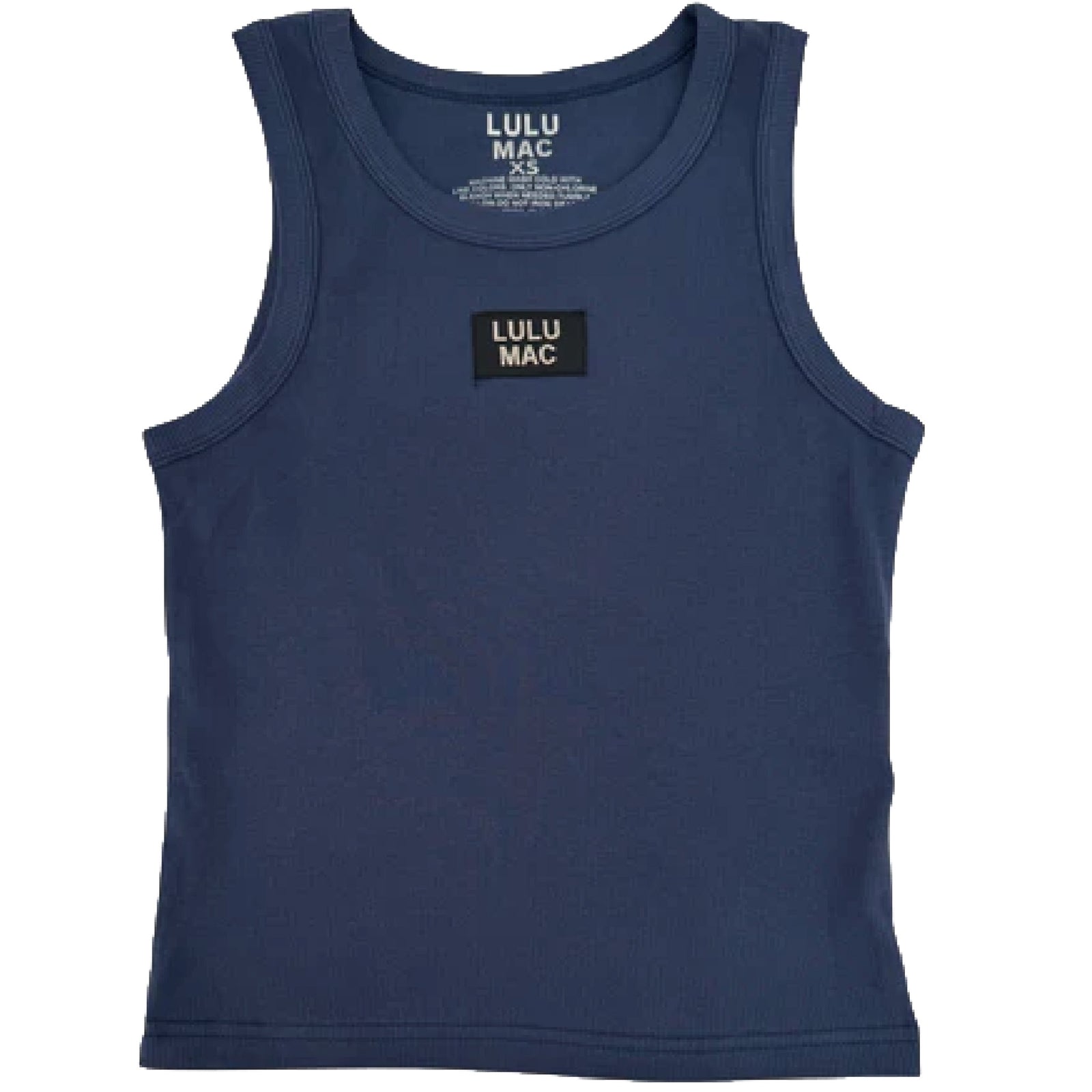 Navy tank top with LULU MAC logo on a white background