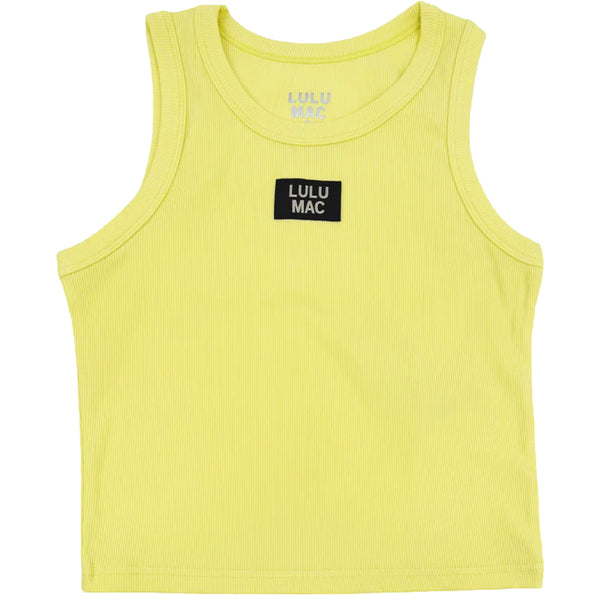 Yellow tank top with a black logo on a white background