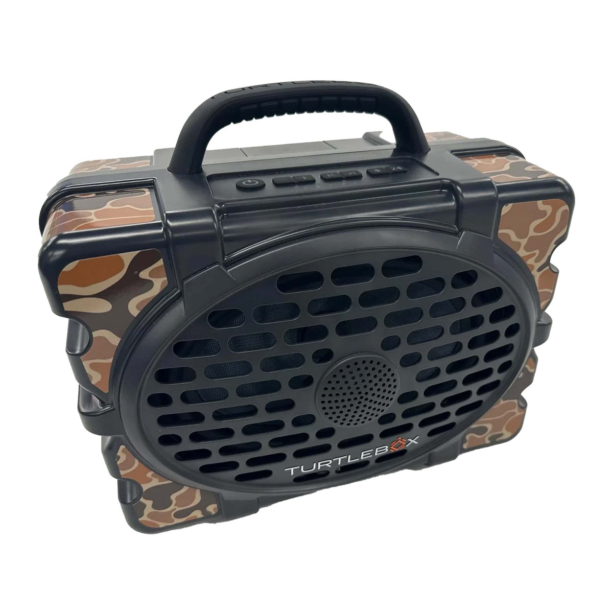 Turtlebox speaker with Old School Camo vinyl skin applied to corners and sides, showing camo design on black speaker body.