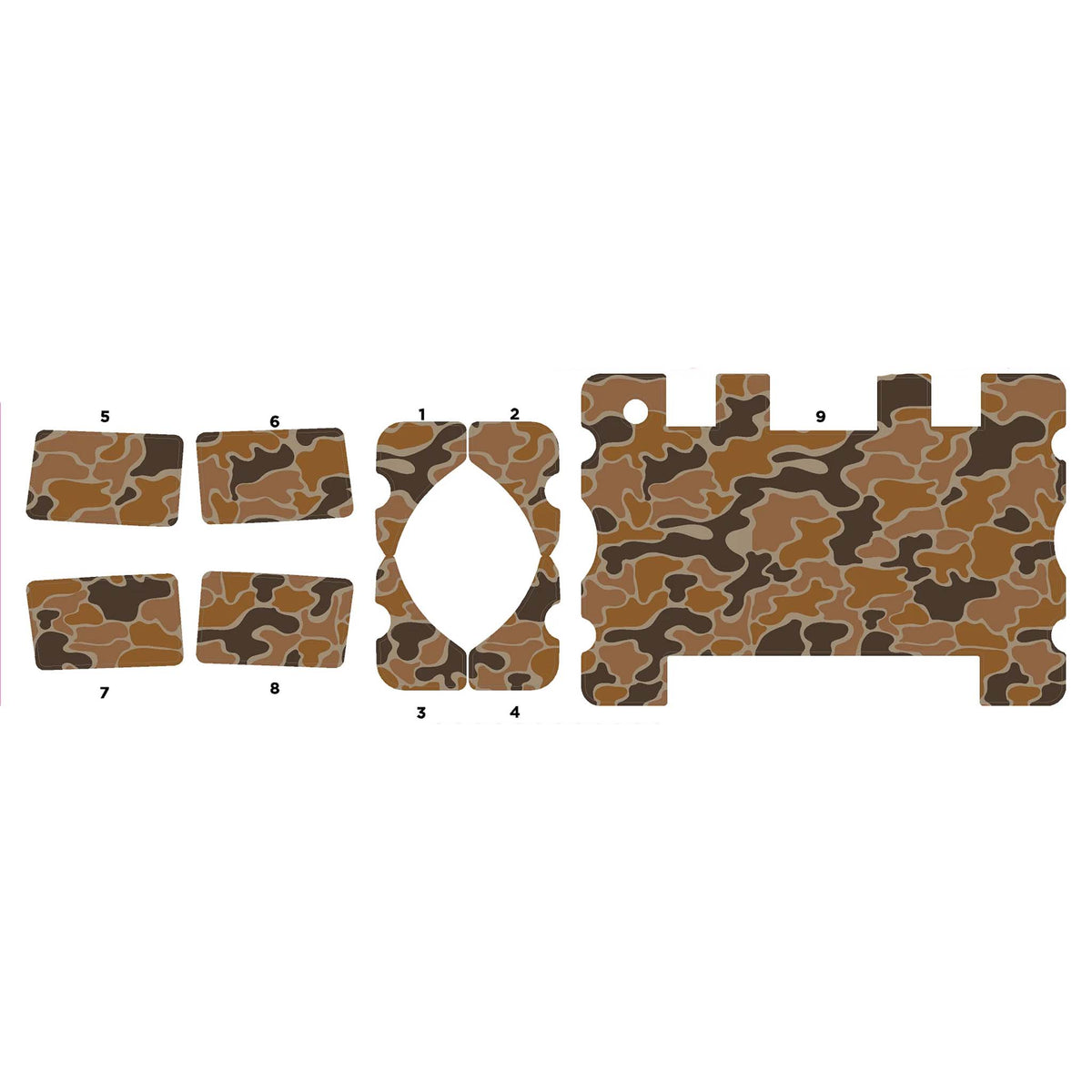 Flat lay of nine-piece Turtlebox speaker skin set in Old School Camo print with numbered sections for easy application.