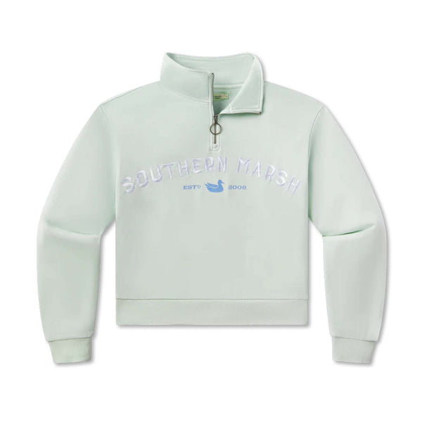 Flat lay of SEAWASH™ Vintage 1/4 zip crewneck in 100% cotton featuring ribbed trim, front ring-pull zipper, and embroidered Southern Marsh logo on chest with duck logo on neck.