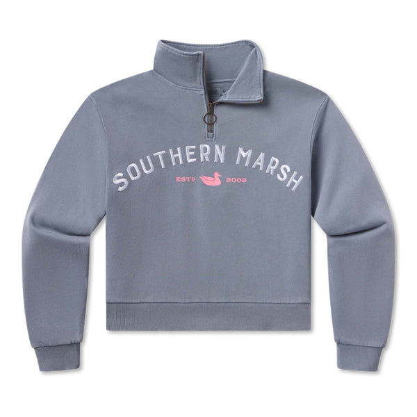 Flat lay of SEAWASH™ Vintage 1/4 zip crewneck in 100% cotton featuring ribbed trim, front ring-pull zipper, and embroidered Southern Marsh logo on chest with duck logo on neck.
