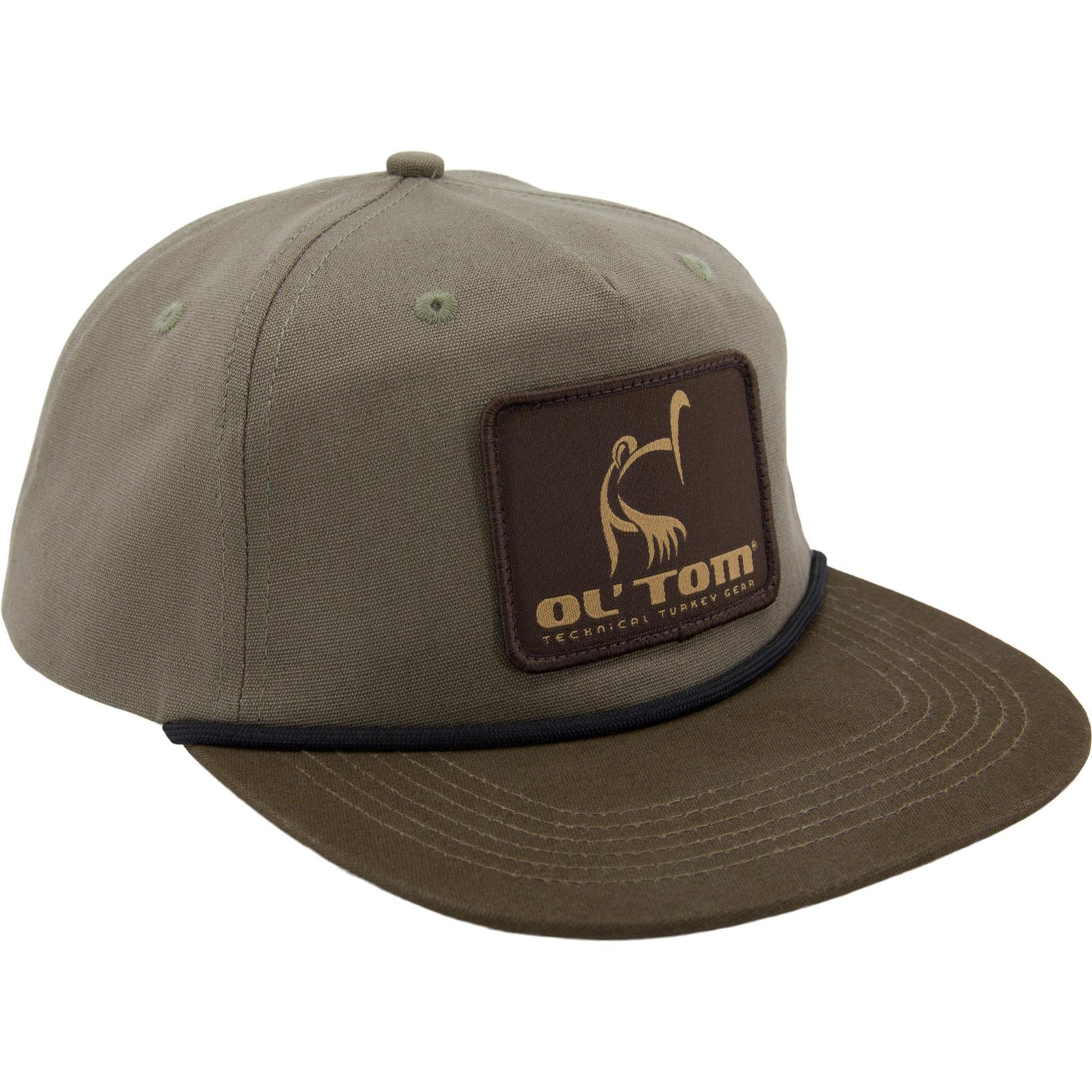 OL’ TOM olive snapback hat with brown leather patch logo on front and flat brim detail.
