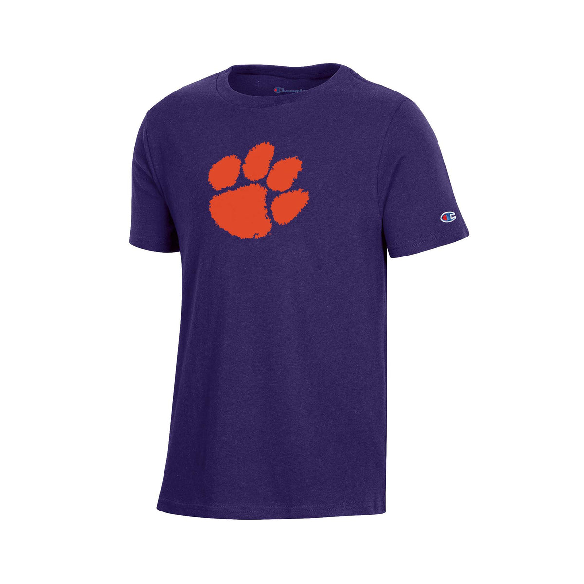 Purple youth t-shirt with large orange Clemson Tigers paw print logo centered on chest and Champion logo on right sleeve