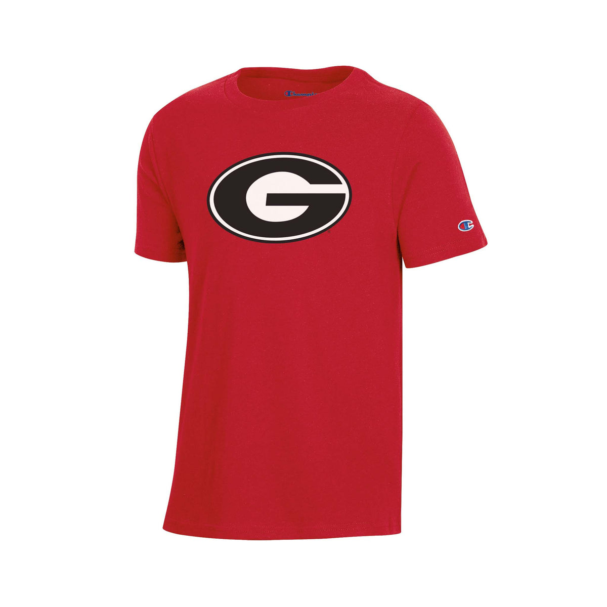 Red youth t-shirt with black oval Georgia Bulldogs 'G' logo with white outline centered on chest and Champion logo on right sleeve