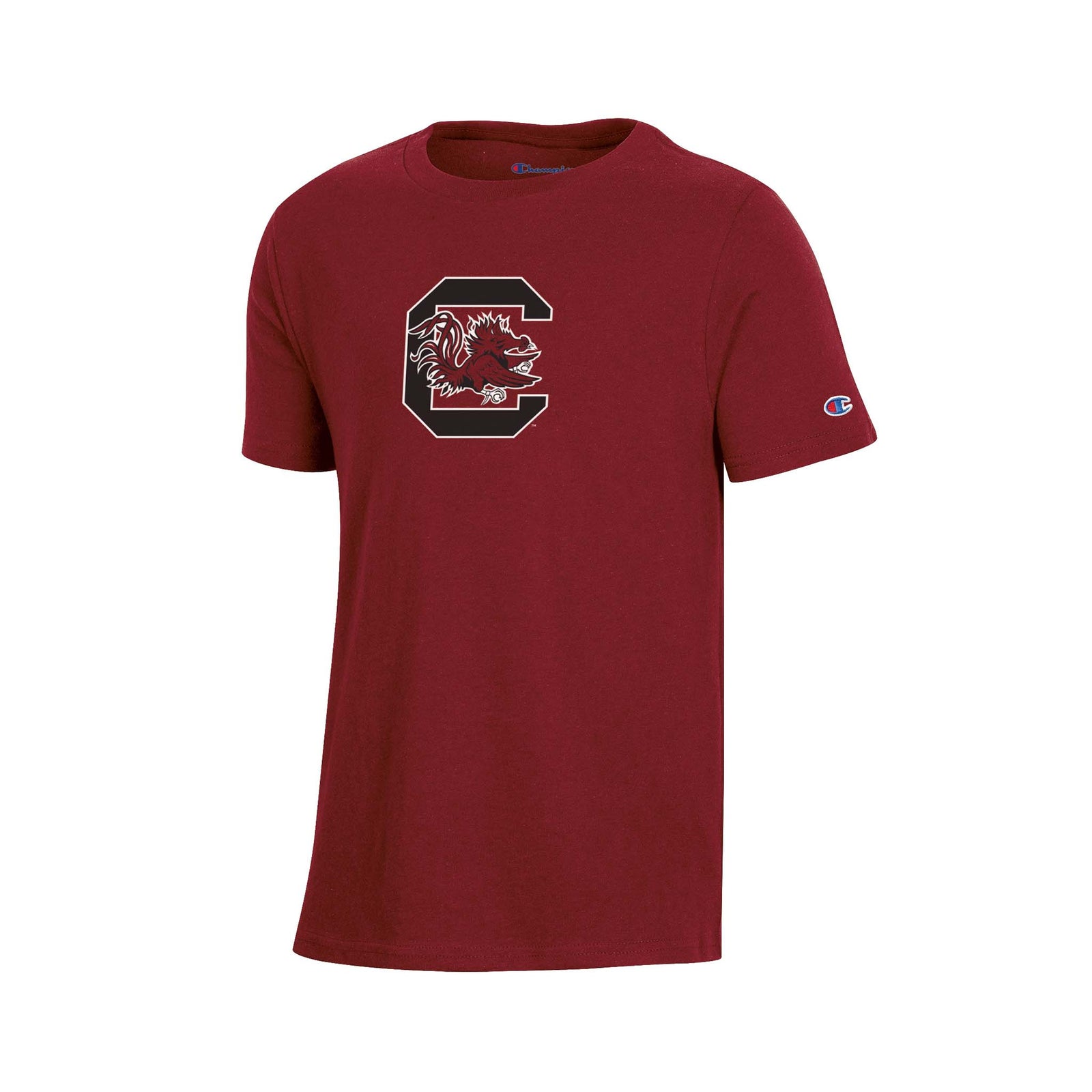 Garnet red youth t-shirt with black outlined 'C' logo containing white Gamecock head design centered on chest and Champion logo on right sleeve