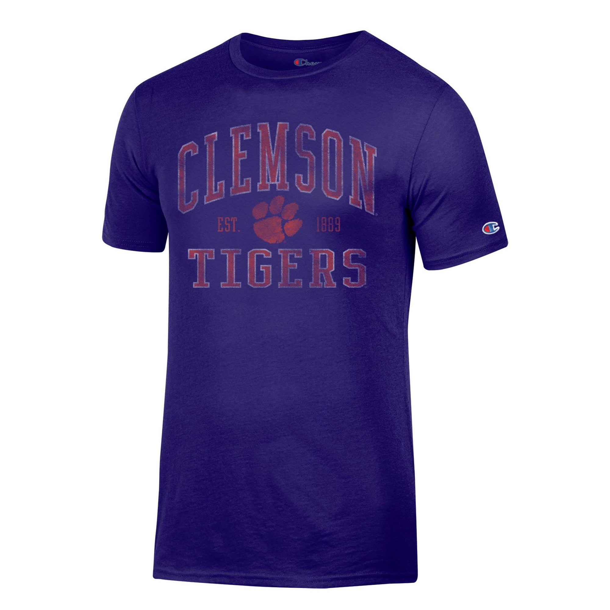 Purple adult t-shirt with orange 'CLEMSON' text at top, orange paw print logo in center flanked by 'EST.' and '1889', and 'TIGERS' text at bottom, with Champion logo on right sleeve